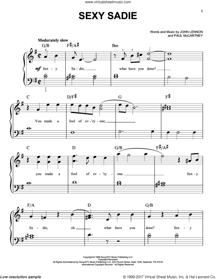 Sexy Sadie sheet music for piano solo by The Beatles, John Lennon and Paul McCartney, easy skill level