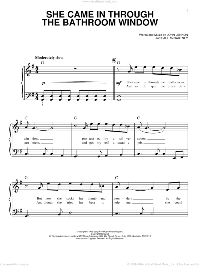 She Came In Through The Bathroom Window sheet music for piano solo by The Beatles, Joe Cocker, John Lennon and Paul McCartney, easy skill level