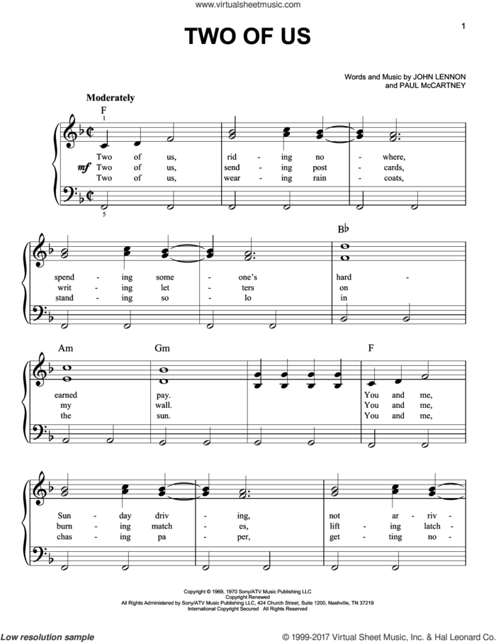Two Of Us sheet music for piano solo by The Beatles, John Lennon and Paul McCartney, easy skill level