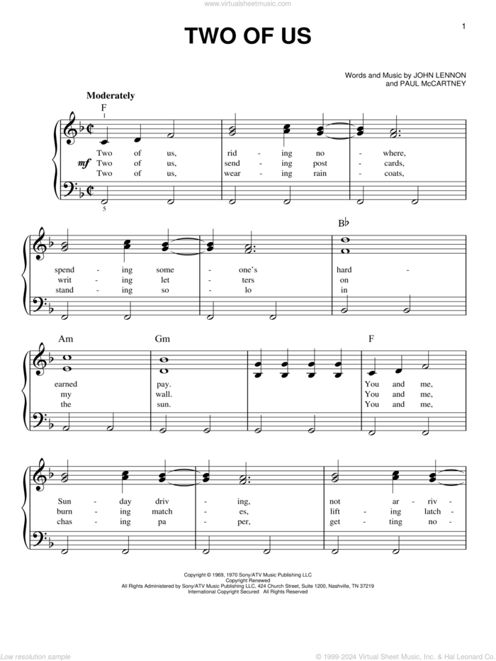 Two Of Us sheet music for piano solo by The Beatles, John Lennon and Paul McCartney, easy skill level