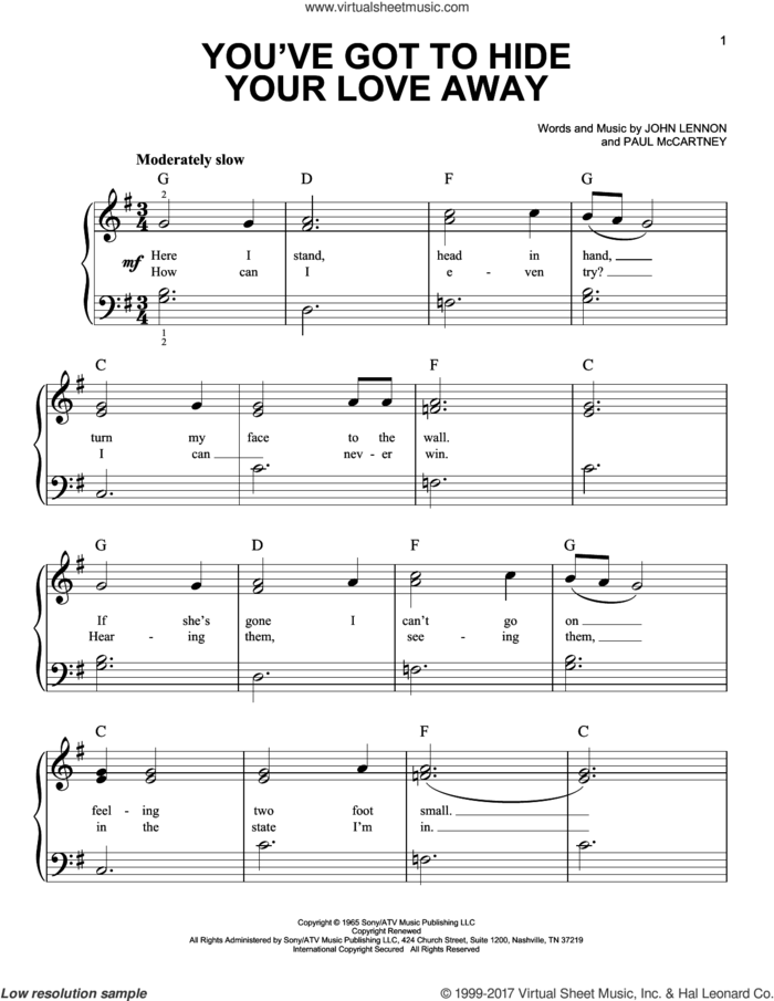 You've Got To Hide Your Love Away sheet music for piano solo by The Beatles, John Lennon and Paul McCartney, easy skill level