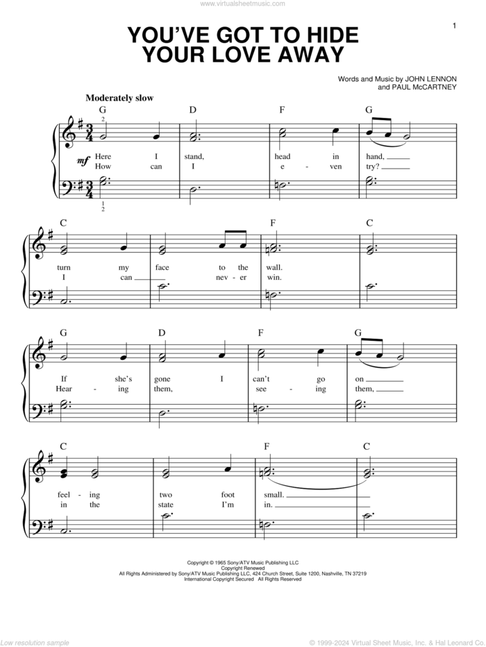 You've Got To Hide Your Love Away sheet music for piano solo by The Beatles, John Lennon and Paul McCartney, easy skill level