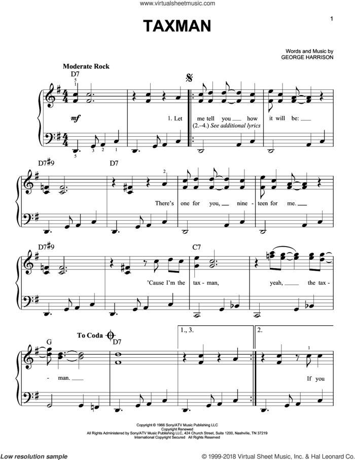 Taxman sheet music for piano solo by The Beatles and George Harrison, easy skill level