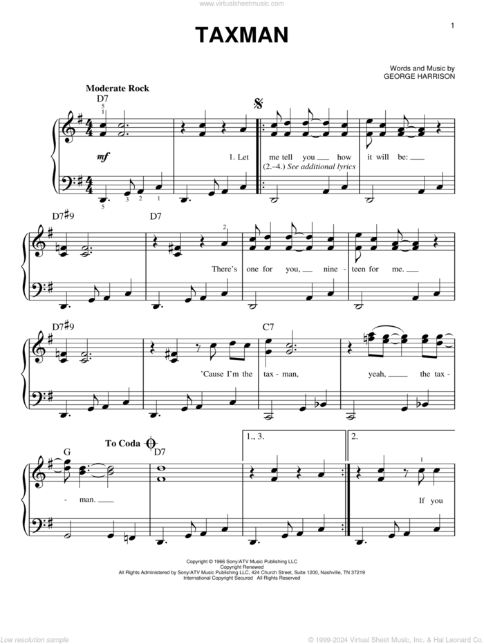 Taxman sheet music for piano solo by The Beatles and George Harrison, easy skill level