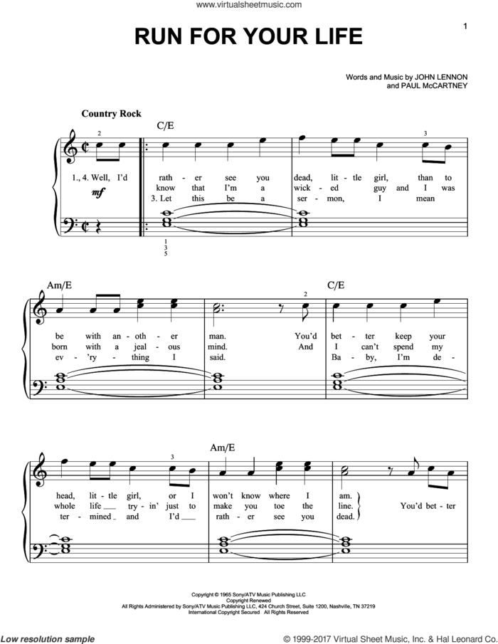 Run For Your Life sheet music for piano solo by The Beatles, John Lennon and Paul McCartney, easy skill level