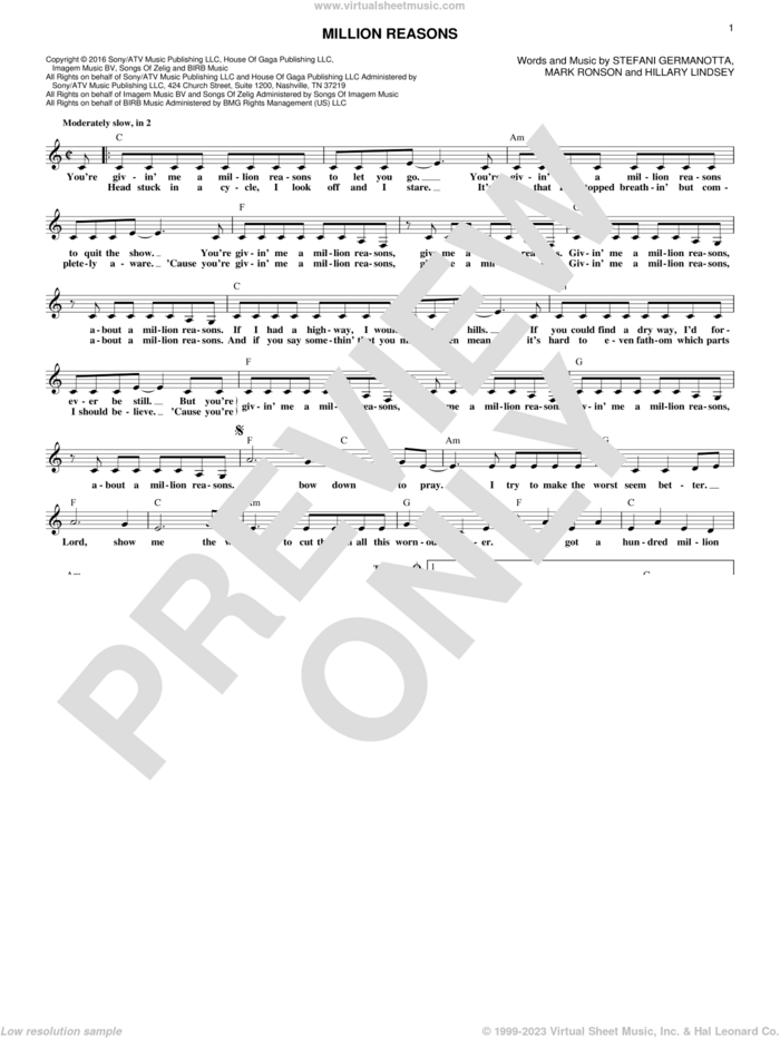 Million Reasons sheet music for voice and other instruments (fake book) by Lady Gaga, Hillary Lindsey and Mark Ronson, intermediate skill level