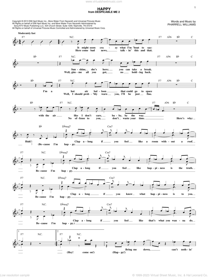 Happy sheet music for voice and other instruments (fake book) by Pharrell and Pharrell Williams, intermediate skill level