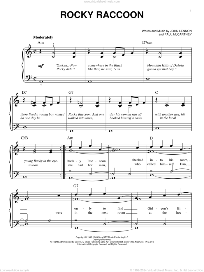 Rocky Raccoon sheet music for piano solo by The Beatles, John Lennon and Paul McCartney, easy skill level