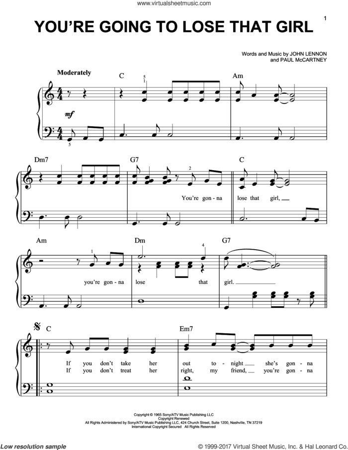 You're Going To Lose That Girl sheet music for piano solo by The Beatles, John Lennon and Paul McCartney, easy skill level