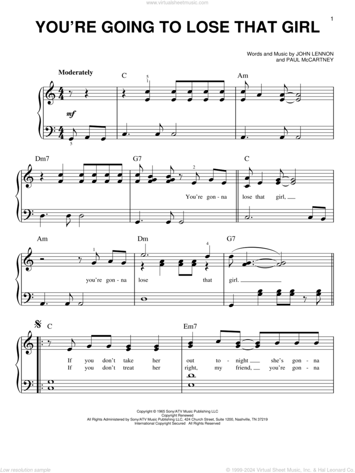 You're Going To Lose That Girl sheet music for piano solo by The Beatles, John Lennon and Paul McCartney, easy skill level