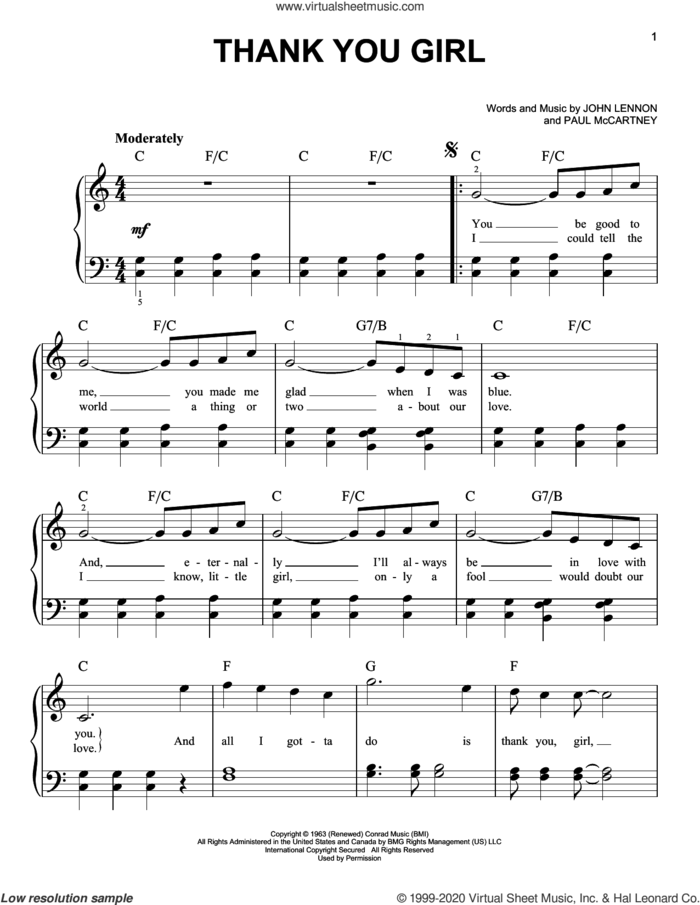 Thank You Girl sheet music for piano solo by The Beatles, John Lennon and Paul McCartney, easy skill level