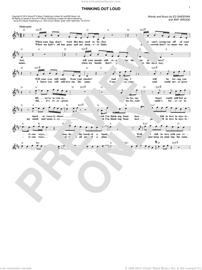 Thinking Out Loud sheet music for voice and other instruments (fake book) by Ed Sheeran and Amy Wadge, wedding score, intermediate skill level