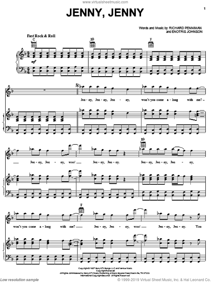 Jenny, Jenny sheet music for voice, piano or guitar by Little Richard, Enotris Johnson and Richard Penniman, intermediate skill level