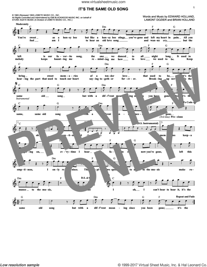 It's The Same Old Song sheet music for voice and other instruments (fake book) by The Four Tops, Brian Holland, Eddie Holland and Lamont Dozier, intermediate skill level