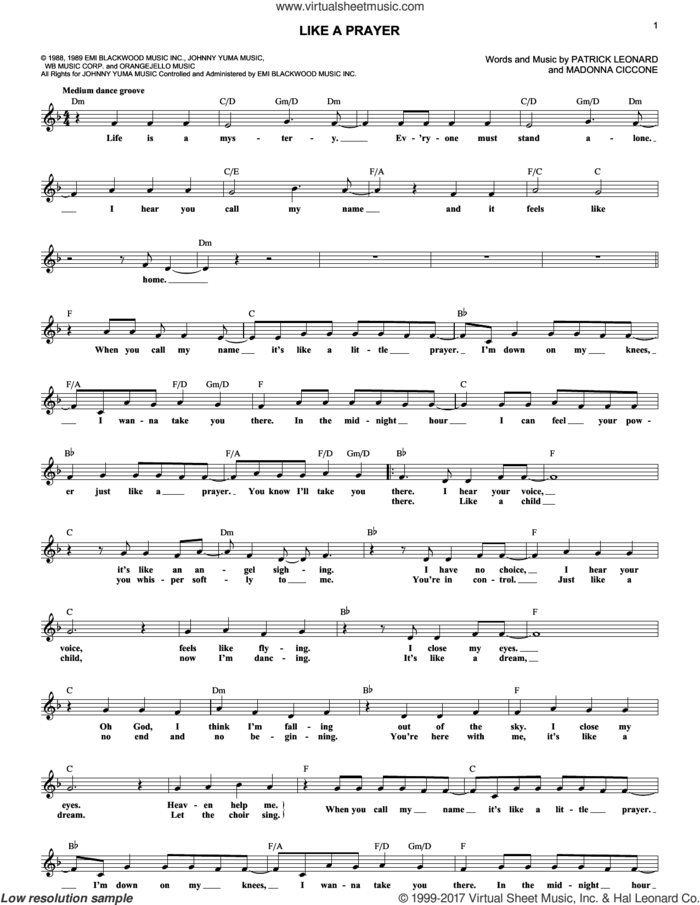 Like A Prayer sheet music for voice and other instruments (fake book) by Madonna and Patrick Leonard, intermediate skill level