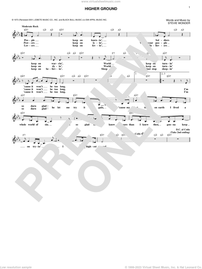 Higher Ground sheet music for voice and other instruments (fake book) by Stevie Wonder, intermediate skill level
