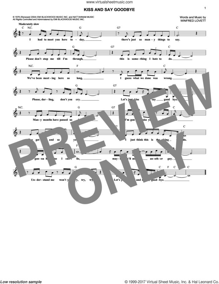 Kiss And Say Goodbye sheet music for voice and other instruments (fake book) by The Manhattans and Winfred Lovett, intermediate skill level