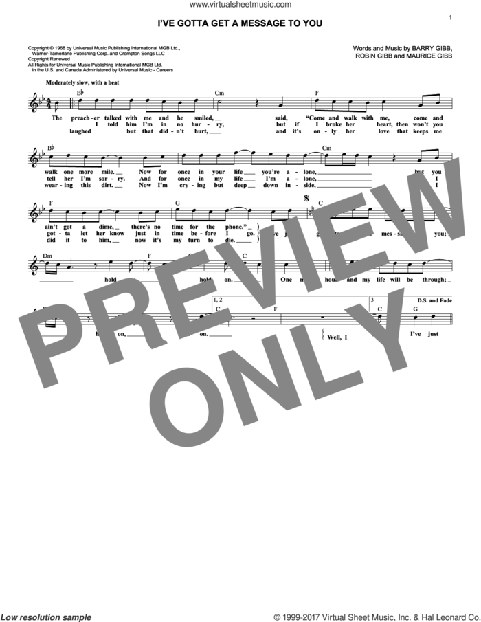 I've Gotta Get A Message To You sheet music for voice and other instruments (fake book) by Bee Gees, Barry Gibb, Maurice Gibb and Robin Gibb, intermediate skill level