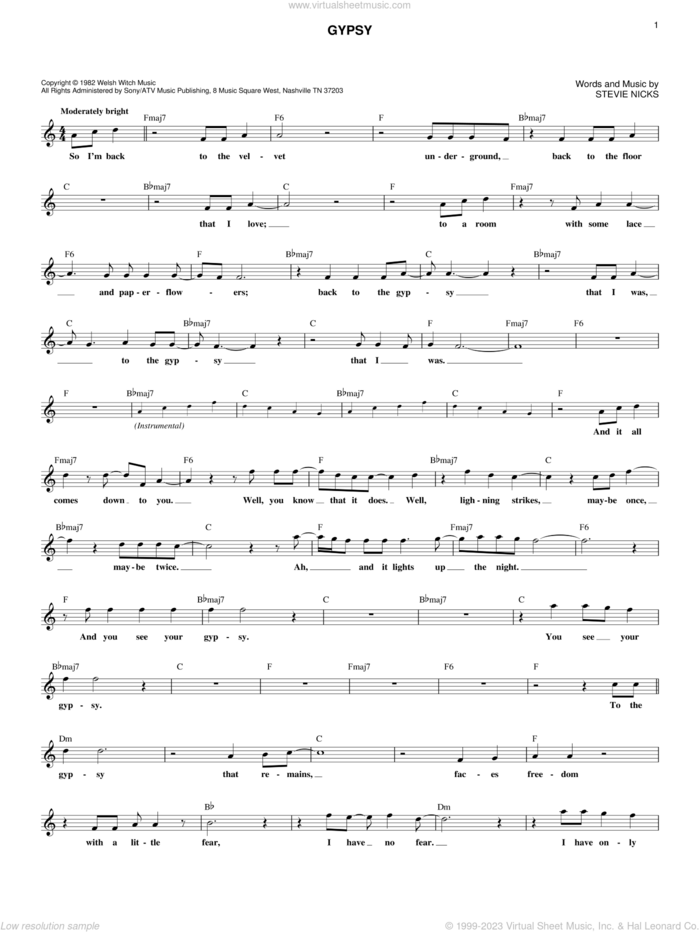 Gypsy sheet music for voice and other instruments (fake book) by Fleetwood Mac and Stevie Nicks, intermediate skill level