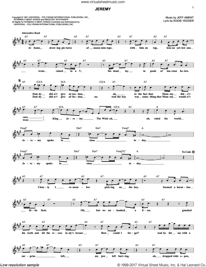 Jeremy sheet music for voice and other instruments (fake book) by Pearl Jam, Eddie Vedder and Jeff Ament, intermediate skill level