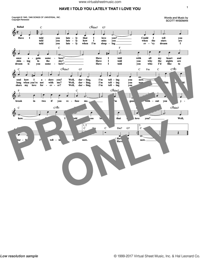 Have I Told You Lately That I Love You sheet music for voice and other instruments (fake book) by Scott Wiseman, Gene Autrey, Kitty Wells & Red Foley and Ricky Nelson, intermediate skill level