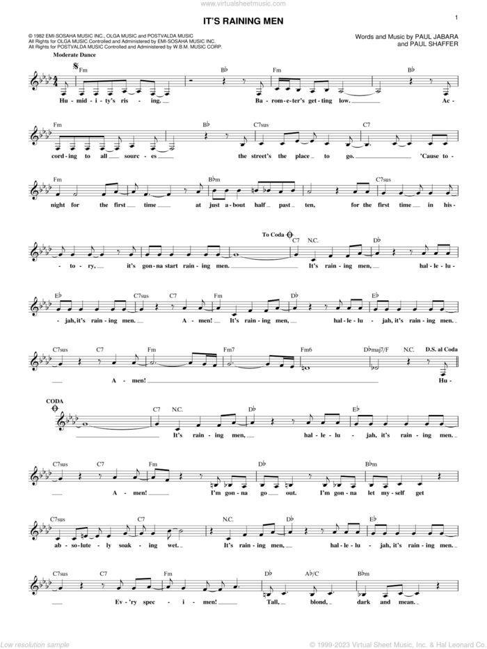 It's Raining Men sheet music for voice and other instruments (fake book) by The Weather Girls, Paul Jabara and Paul Shaffer, intermediate skill level