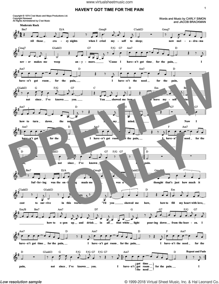 Haven't Got Time For The Pain sheet music for voice and other instruments (fake book) by Carly Simon and Jacob Brackman, intermediate skill level
