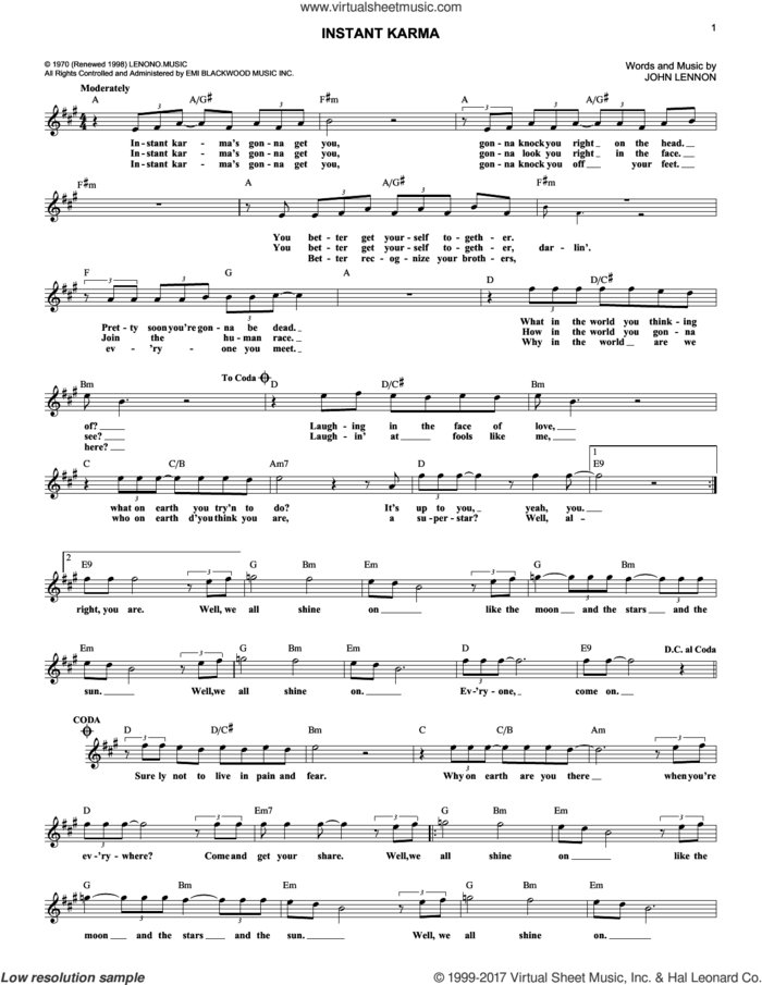 Instant Karma sheet music for voice and other instruments (fake book) by John Lennon, intermediate skill level