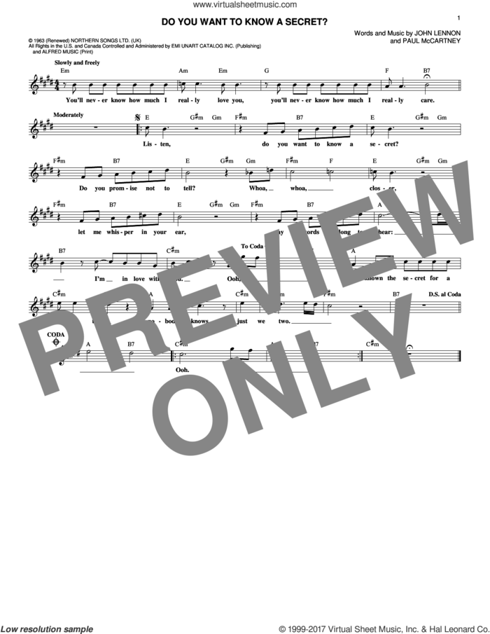 Do You Want To Know A Secret? sheet music for voice and other instruments (fake book) by The Beatles, John Lennon and Paul McCartney, intermediate skill level