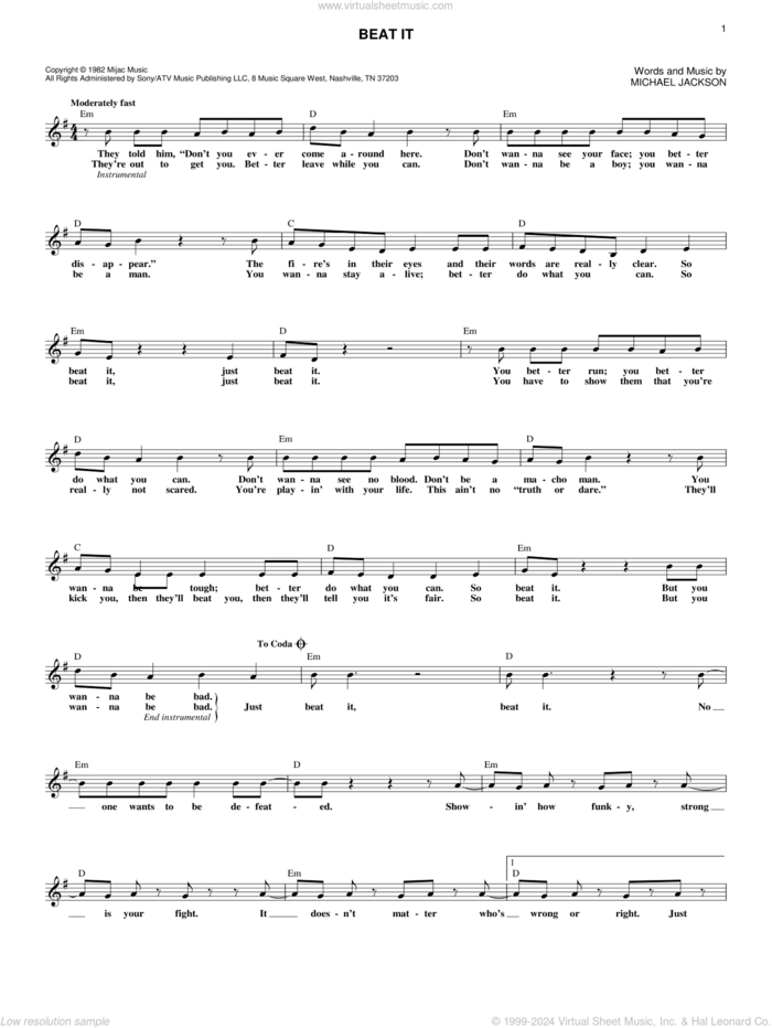 Beat It sheet music for voice and other instruments (fake book) by Michael Jackson, intermediate skill level