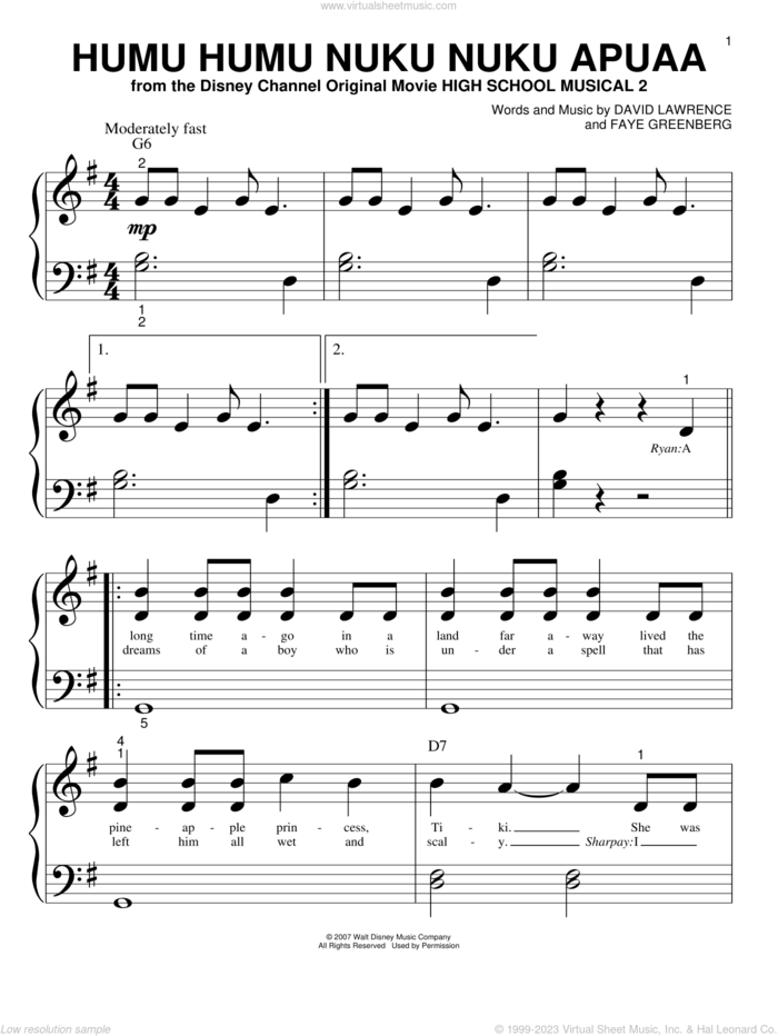 Humu Humu Nuku Nuku Apuaa sheet music for piano solo (big note book) by High School Musical 2, David Lawrence and Faye Greenberg, easy piano (big note book)