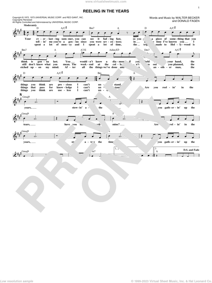 Reeling In The Years sheet music for voice and other instruments (fake book) by Steely Dan, Donald Fagen and Walter Becker, intermediate skill level