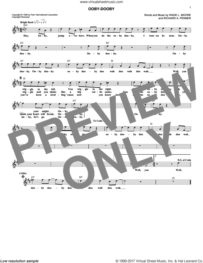 Ooby-Dooby sheet music for voice and other instruments (fake book) by Roy Orbison, Richard A. Penner and Wade L. Moore, intermediate skill level