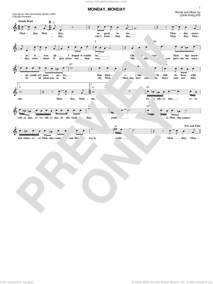Monday, Monday sheet music for voice and other instruments (fake book) by The Mamas & The Papas and John Phillips, intermediate skill level