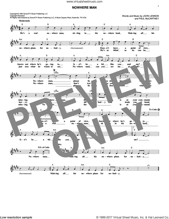Nowhere Man sheet music for voice and other instruments (fake book) by The Beatles, John Lennon and Paul McCartney, intermediate skill level