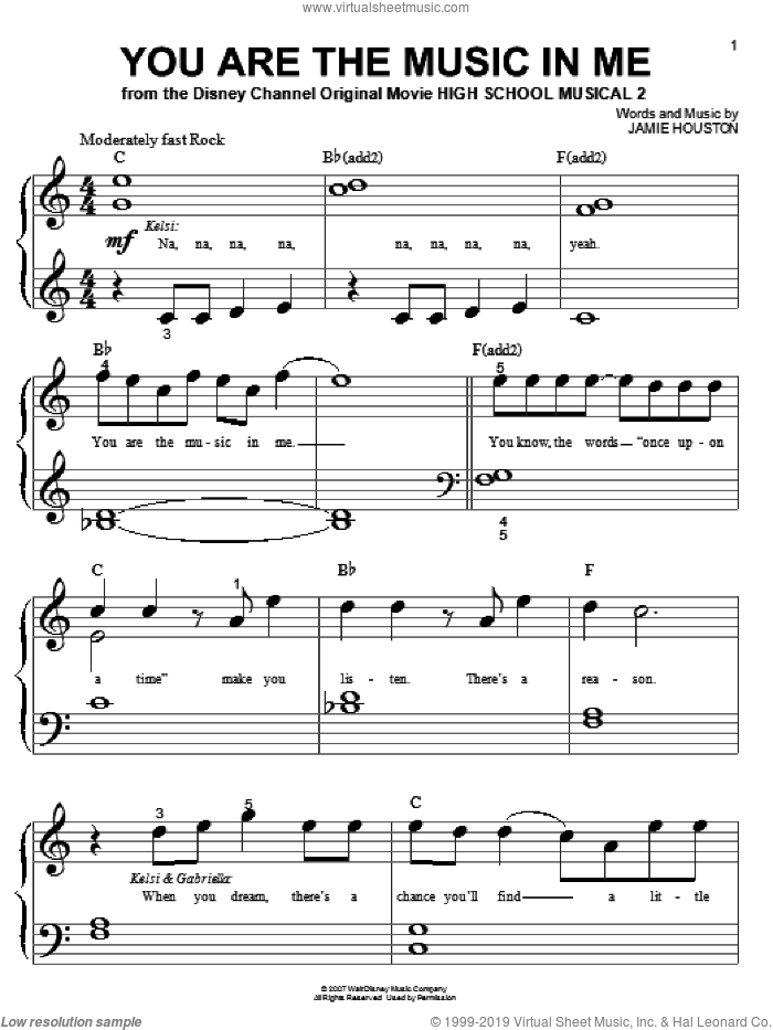 You Are The Music In Me (from High School Musical 2) sheet music for piano solo (big note book) by Jamie Houston, High School Musical 2 and Zac Efron and Vanessa Anne Hudgens, easy piano (big note book)