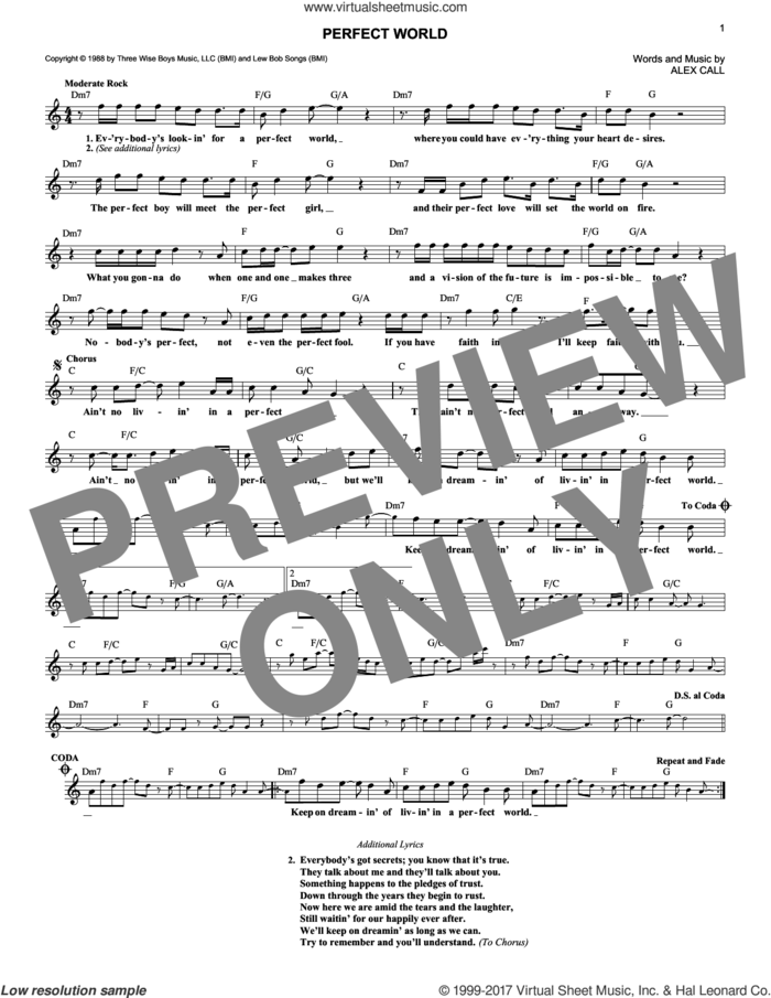 Perfect World sheet music for voice and other instruments (fake book) by Huey Lewis & The News and Alex Call, intermediate skill level