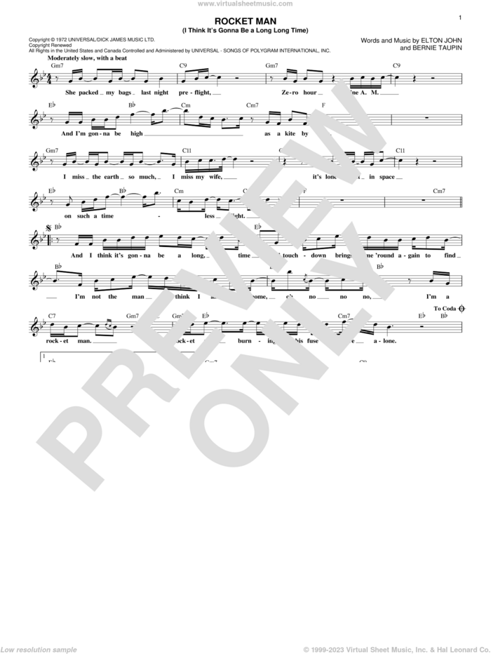 Rocket Man (I Think It's Gonna Be A Long Long Time) sheet music for voice and other instruments (fake book) by Elton John and Bernie Taupin, intermediate skill level