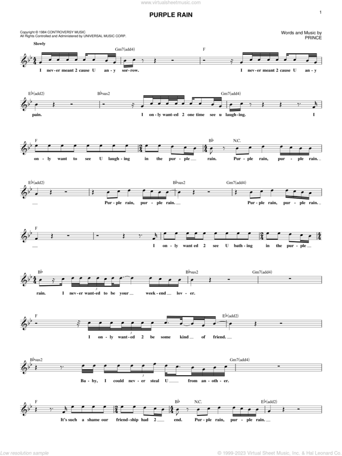 Purple Rain sheet music for voice and other instruments (fake book) by Prince, intermediate skill level