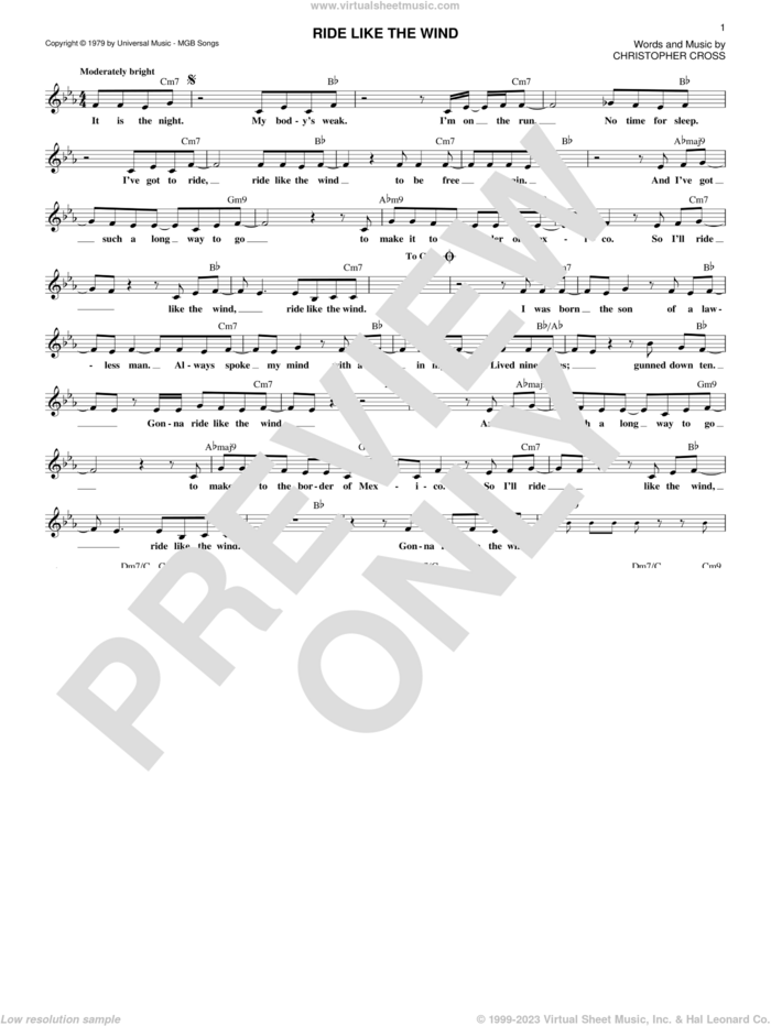 Ride Like The Wind sheet music for voice and other instruments (fake book) by Christopher Cross, intermediate skill level