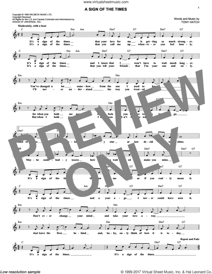 A Sign Of The Times sheet music for voice and other instruments (fake book) by Petula Clark and Tony Hatch, intermediate skill level