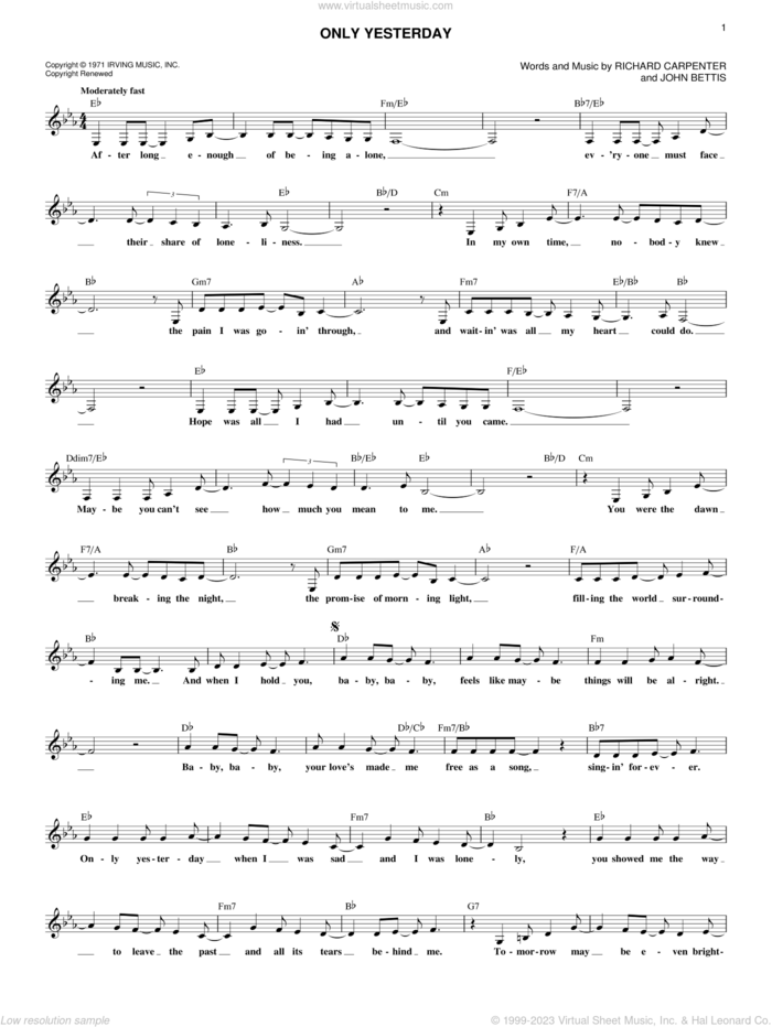 Only Yesterday sheet music for voice and other instruments (fake book) by Richard Carpenter, Carpenters and John Bettis, intermediate skill level