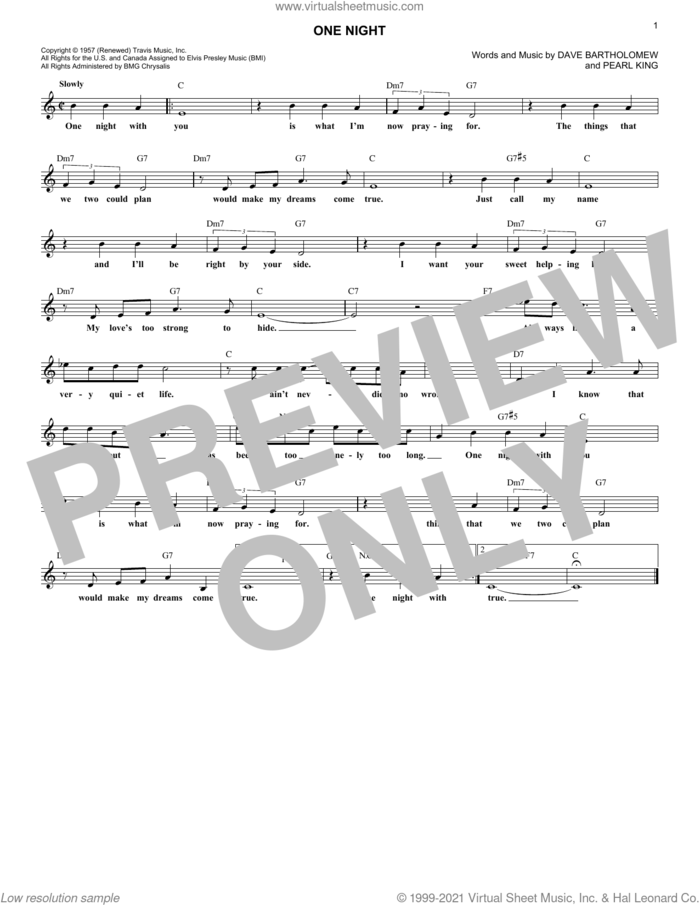 One Night sheet music for voice and other instruments (fake book) by Elvis Presley and Dave Bartholomew, intermediate skill level