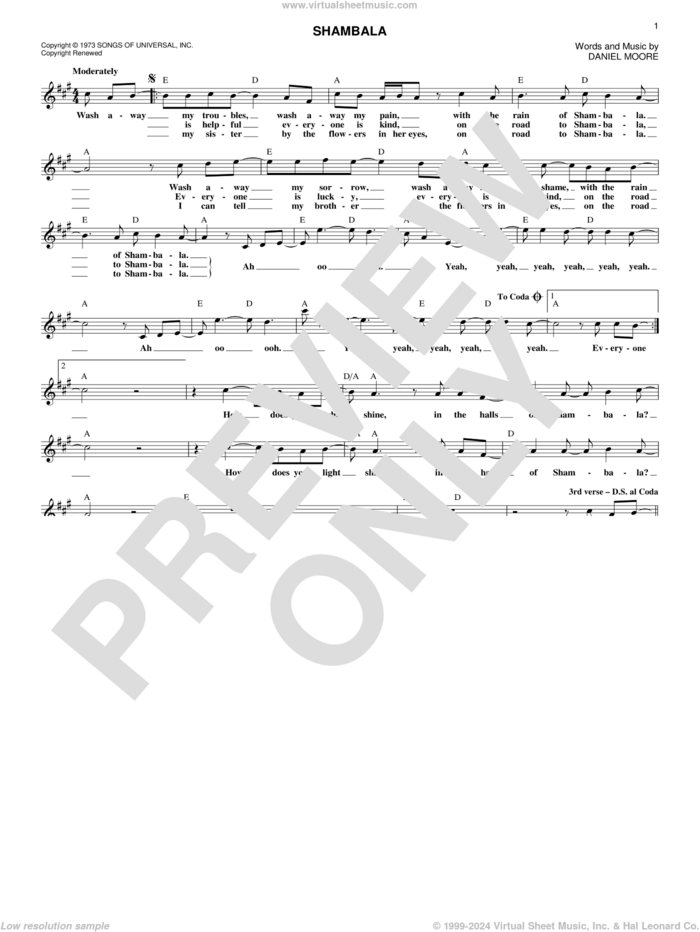 Shambala sheet music for voice and other instruments (fake book) by Three Dog Night and Daniel Moore, intermediate skill level
