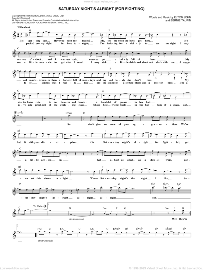 Saturday Night's Alright (For Fighting) sheet music for voice and other instruments (fake book) by Elton John and Bernie Taupin, intermediate skill level