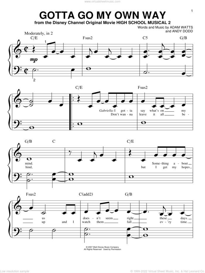 Gotta Go My Own Way sheet music for piano solo (big note book) by High School Musical 2, Adam Watts and Andy Dodd, easy piano (big note book)