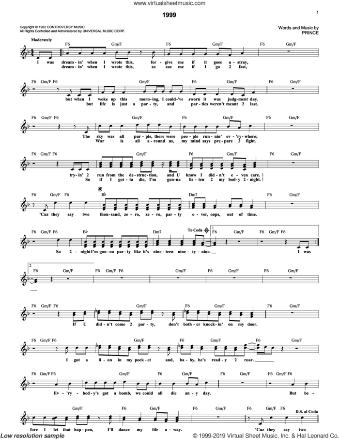 1999 sheet music for voice and other instruments (fake book) by Prince, intermediate skill level