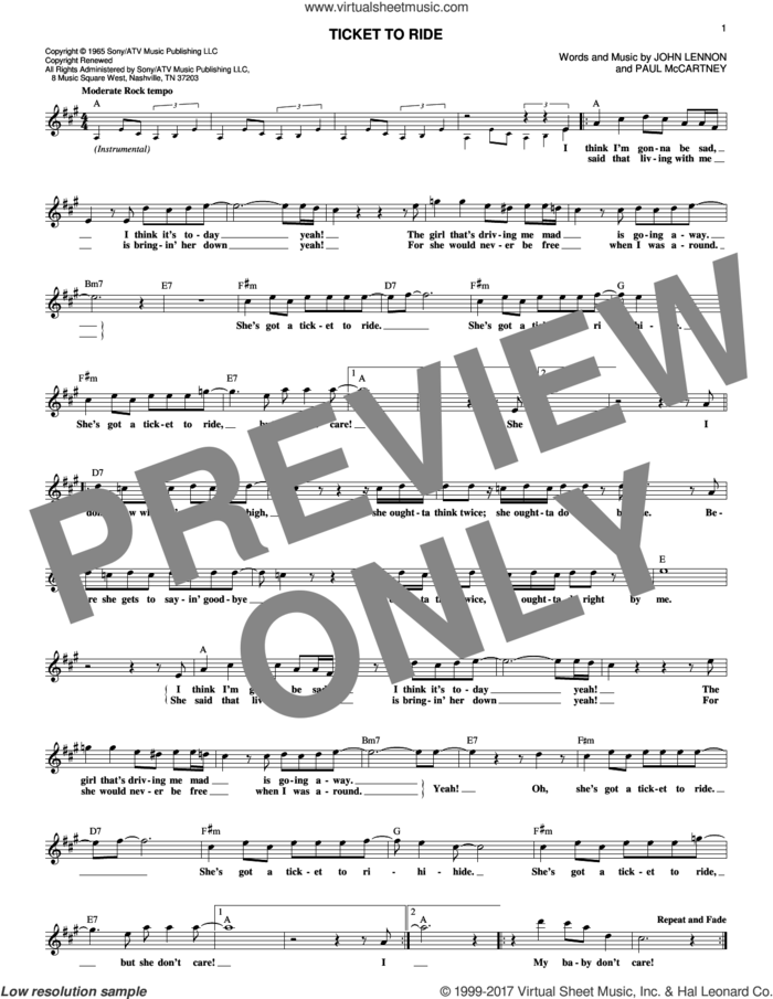 Ticket To Ride sheet music for voice and other instruments (fake book) by The Beatles, John Lennon and Paul McCartney, intermediate skill level