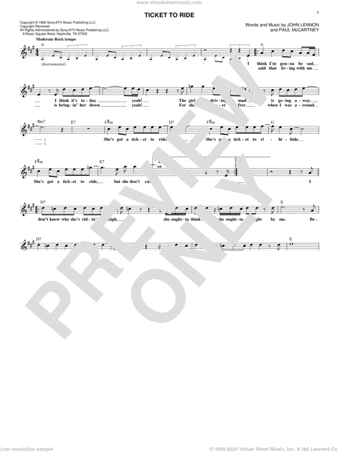Ticket To Ride sheet music for voice and other instruments (fake book) by The Beatles, John Lennon and Paul McCartney, intermediate skill level