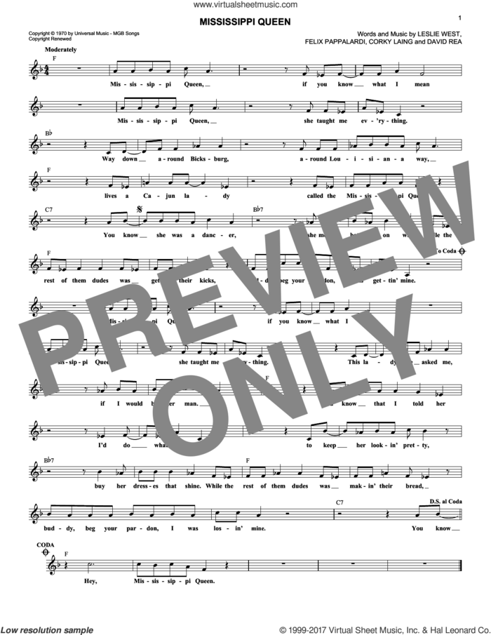 Mississippi Queen sheet music for voice and other instruments (fake book) by Mountain, Corky Laing, David Rea, Felix Pappalardi and Leslie West, intermediate skill level
